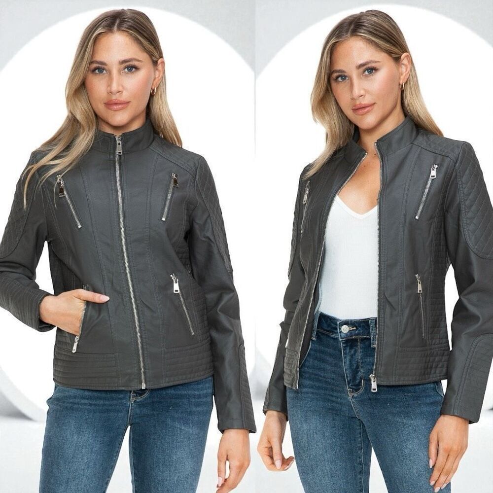 Charcoal Gray Faux Leather Zip Up Mock Neck Jacket XL NWT - Snobbish